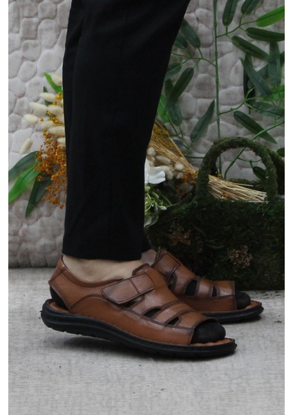 106 Taba Kale Comfort Deri Erkek Sandalet