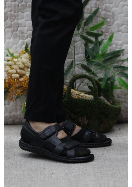 186 Siyah Axfor Comfort Hakiki Deri Erkek Sandalet