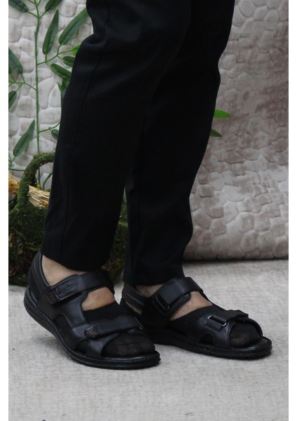 186 Siyah Axfor Comfort Hakiki Deri Erkek Sandalet