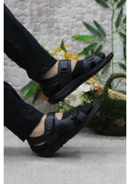 186 Siyah Axfor Comfort Hakiki Deri Erkek Sandalet
