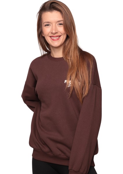 Baskılı 3 Iplik Kadın Sweatshirt 5810 | Kahve