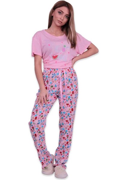 Baskılı Poplin Kısa Kollu Kadın Pijama Takımı 9004 | Pembe