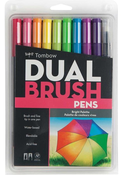 : Ab-T Dual Brush Pen : Grafik Kalem Seti : 10 Renk (Parlak Renkler)