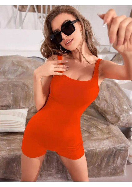 Cananataç Kadın Kare Yaka Sırt Dekolte Detay Dalgıç Bodycon Mini Tulum