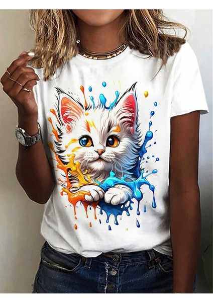 Kadın Kedi Baskılı Bisiklet Yaka Süprem T-Shirt