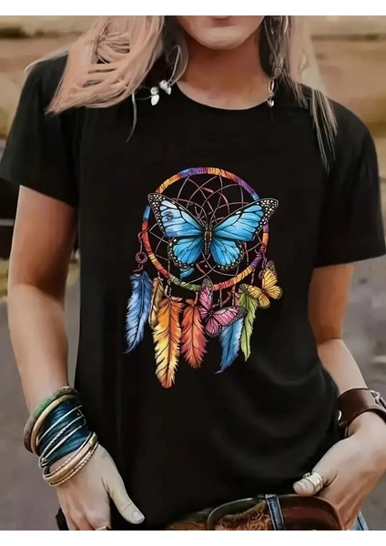 Kadın Kısa Kollu Renkli Kelebek ve Kuş Tüyü Baskı Viskon T-Shirt