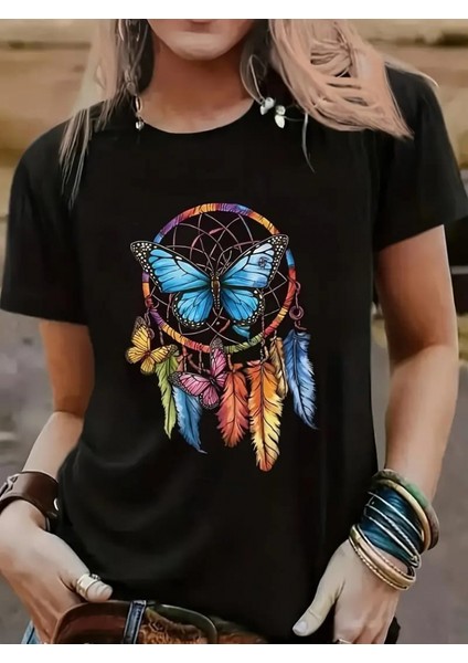 Kadın Kısa Kollu Renkli Kelebek ve Kuş Tüyü Baskı Viskon T-Shirt modelleri
