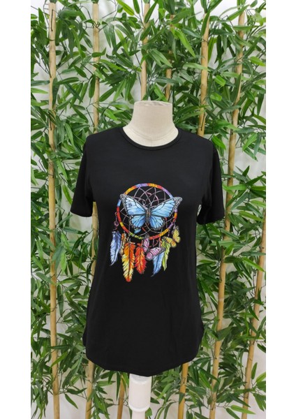 Kadın Kısa Kollu Renkli Kelebek ve Kuş Tüyü Baskı Viskon T-Shirt fırsatları