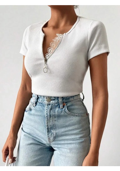 Kadın Beyaz Yaka Dantel ve Fermuarlı Kaşkorse Bluz fiyatları