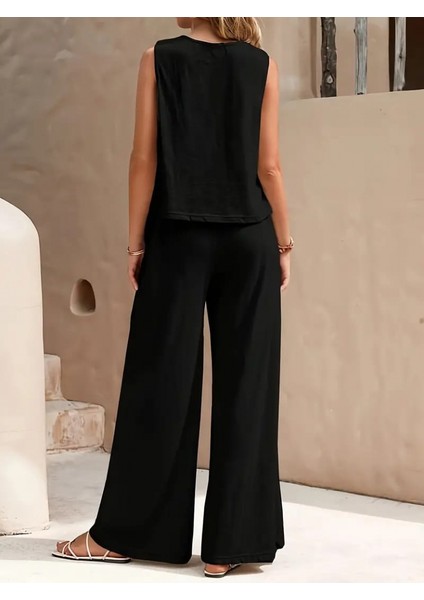 Kadın Kolsuz Bluz ve Bol Paça Pantolon Bürümcük Kumaş Ikili Takım fırsatları