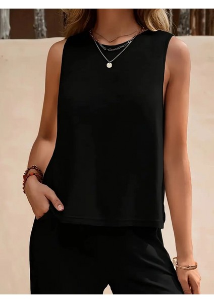 Kadın Kolsuz Bluz ve Bol Paça Pantolon Bürümcük Kumaş Ikili Takım indirimleri