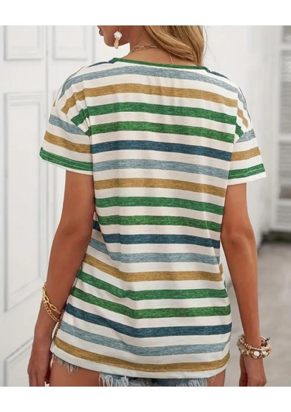 Kadın Kısa Kollu V Yaka Çizgili Süprem T-Shirt fiyatları