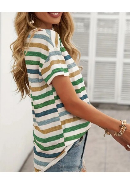 Kadın Kısa Kollu V Yaka Çizgili Süprem T-Shirt indirimleri