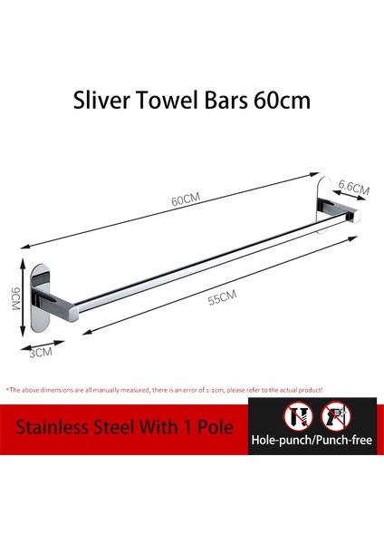 TB-D-60CM Stili Havlu Tutucu Çubuklar Deliksiz Duvar Banyo Askısı cm Gümüş Paslanmaz Çelik Depolama Rafı Banyo Aksesuarları (Yurt Dışından)