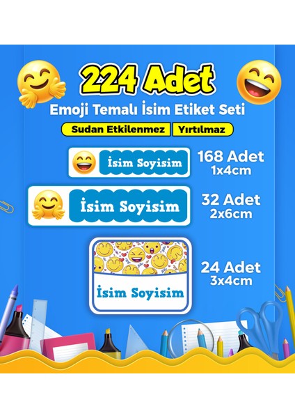 Okul Kreş İsim Etiketi Kalem Defter Özel İsim Yazılabilen Etiket Seti - 224 Adet