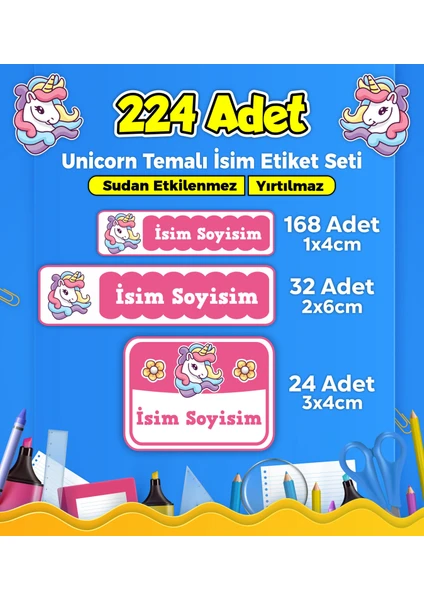 Sb Store Okul Kreş İsim Etiketi Kalem Defter Özel İsim Yazılabilen Etiket Seti - 224 Adet