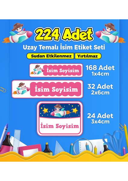 Okul Kreş İsim Etiketi Kalem Defter Özel İsim Yazılabilen Etiket Seti - 224 Adet