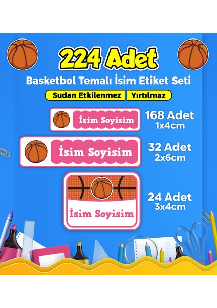 Basketbol Temalı Okul Kreş Kişiye Özel İsim Etiket Seti - Model 27