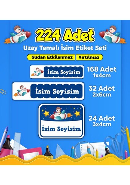 Okul Kreş İsim Etiketi Kalem Defter Özel İsim Yazılabilen Etiket Seti - 224 Adet