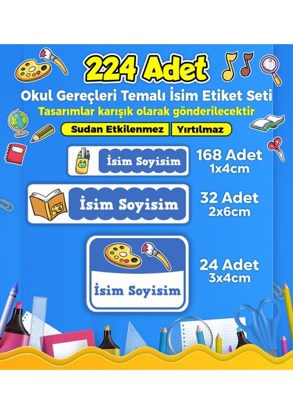 Okul Kreş İsim Etiketi Kalem Defter Özel İsim Yazılabilen Etiket Seti Model 41 - 224 Adet
