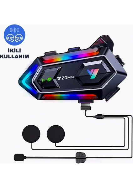 Ikili Interkom Bağlantılı Y20 Max Motorsiklet Intercom Su Geçirmez Kask Intercom Rgb Intercom Bluetooth 5.3 Interkom Ikili Interkom Bağlantılı Intercom