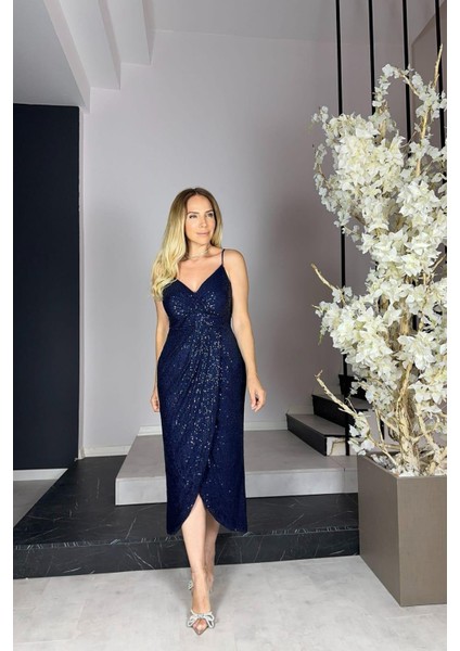 G1000 Midi Boy Payet Abiye Elbise Lacivert modelleri