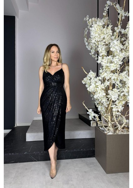 G1000 Midi Boy Payet Abiye Elbise Siyah