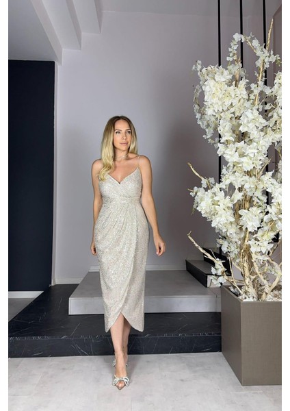 G1000 Midi Boy Payet Abiye Elbise Krem