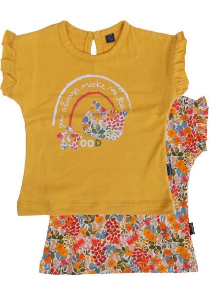 Renkli Çiçek Desenli Kolları Büzgülü T-Shirt 2'li Set