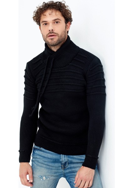 Kahverengi/laci Şal Yaka Gögüs Çizgili Triko Kazak