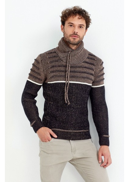 Kahverengi/laci Şal Yaka Gögüs Çizgili Triko Kazak