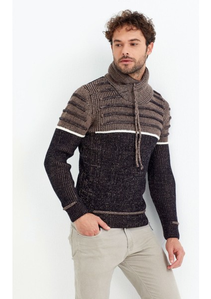 Kahverengi/laci Şal Yaka Gögüs Çizgili Triko Kazak fırsatları