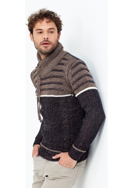 Kahverengi/laci Şal Yaka Gögüs Çizgili Triko Kazak indirimleri