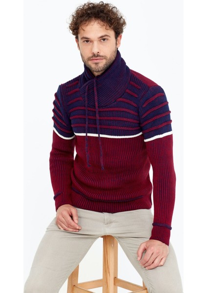 Kahverengi/laci Şal Yaka Gögüs Çizgili Triko Kazak