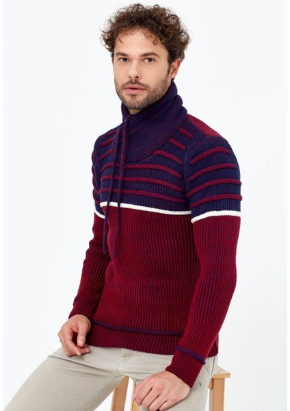 Kahverengi/laci Şal Yaka Gögüs Çizgili Triko Kazak modelleri