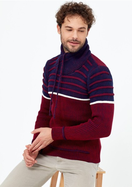 Kahverengi/laci Şal Yaka Gögüs Çizgili Triko Kazak indirimleri