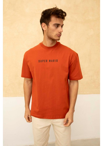 Erkek Super Mario Ön ve Arka Baskılı Bisiklet Yaka T-Shirt