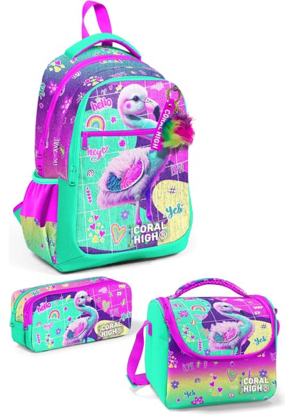Kids Pembe Su Yeşili Flamingo Desenli 3’lü Okul Çanta Seti SET0123647