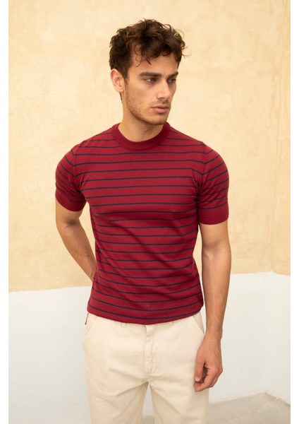 Erkek Bordo Kısa Kollu Fitilli Akrilik-Pamuk Karışımlı Triko T-Shirt