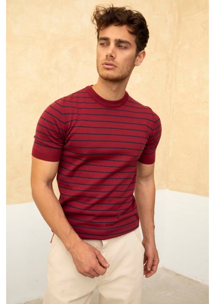 Erkek Bordo Kısa Kollu Fitilli Akrilik-Pamuk Karışımlı Triko T-Shirt