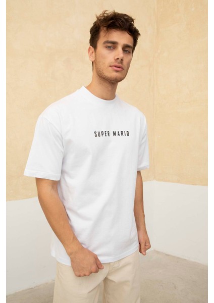 Erkek Super Mario Ön ve Arka Baskılı Bisiklet Yaka T-Shirt