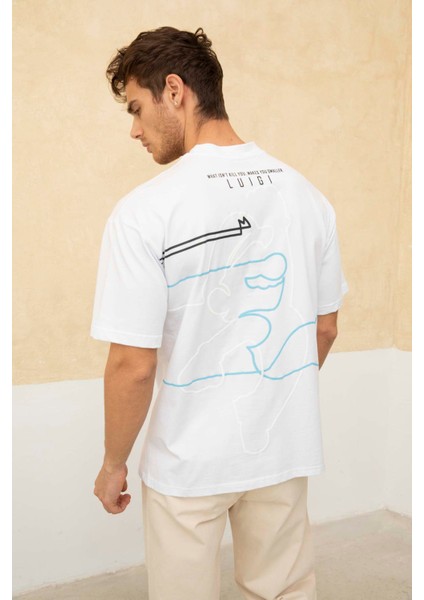 Erkek Super Mario Ön ve Arka Baskılı Bisiklet Yaka T-Shirt