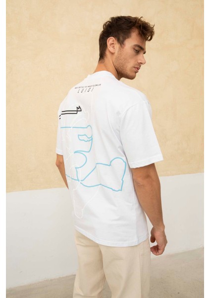 Erkek Super Mario Ön ve Arka Baskılı Bisiklet Yaka T-Shirt