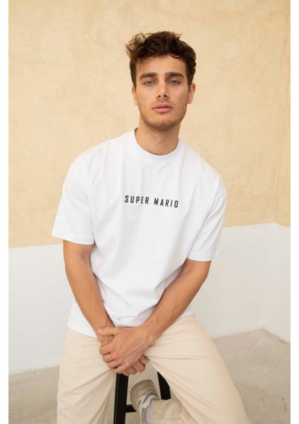Erkek Super Mario Ön ve Arka Baskılı Bisiklet Yaka T-Shirt