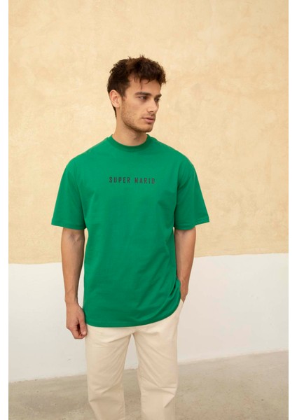 Erkek Super Mario Ön ve Arka Baskılı Bisiklet Yaka T-Shirt