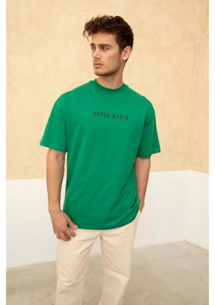 Erkek Super Mario Ön ve Arka Baskılı Bisiklet Yaka T-Shirt