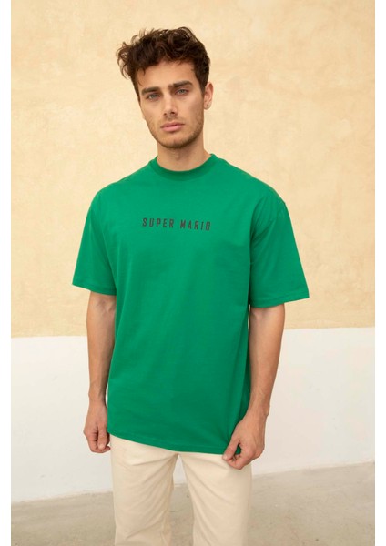 Erkek Super Mario Ön ve Arka Baskılı Bisiklet Yaka T-Shirt