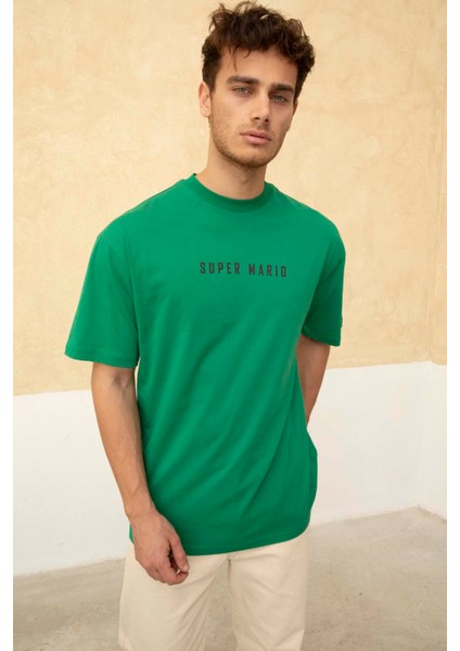 Erkek Super Mario Ön ve Arka Baskılı Bisiklet Yaka T-Shirt