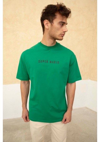 Erkek Super Mario Ön ve Arka Baskılı Bisiklet Yaka T-Shirt