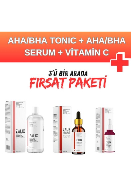 3'ü Bir Arada Fırsat Paketi - Zalix Aha/bha Peeling Tonic ve Aha/bha Care Serum ve Vitamin C Serum